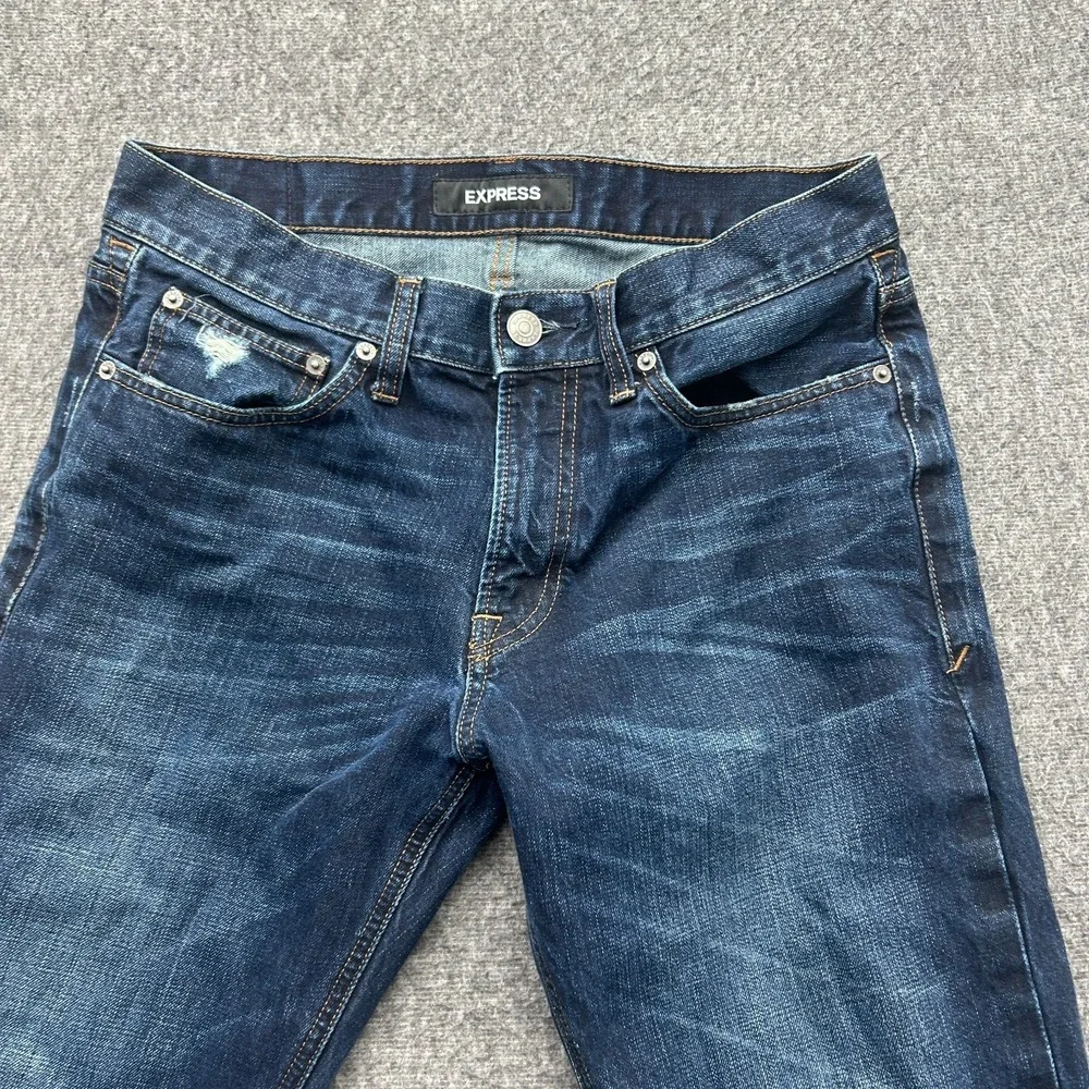 Express Original Classic Straight Jeans Mens 31x32 Dark Wash Denim Distressed